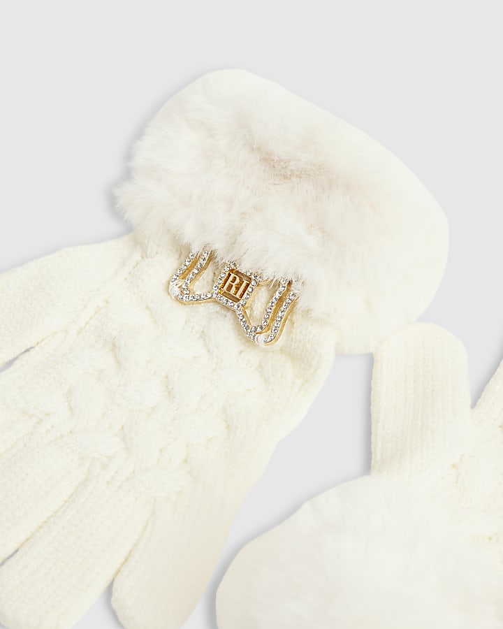 River Island Girls Cream Knitted Fur Bow Gloves