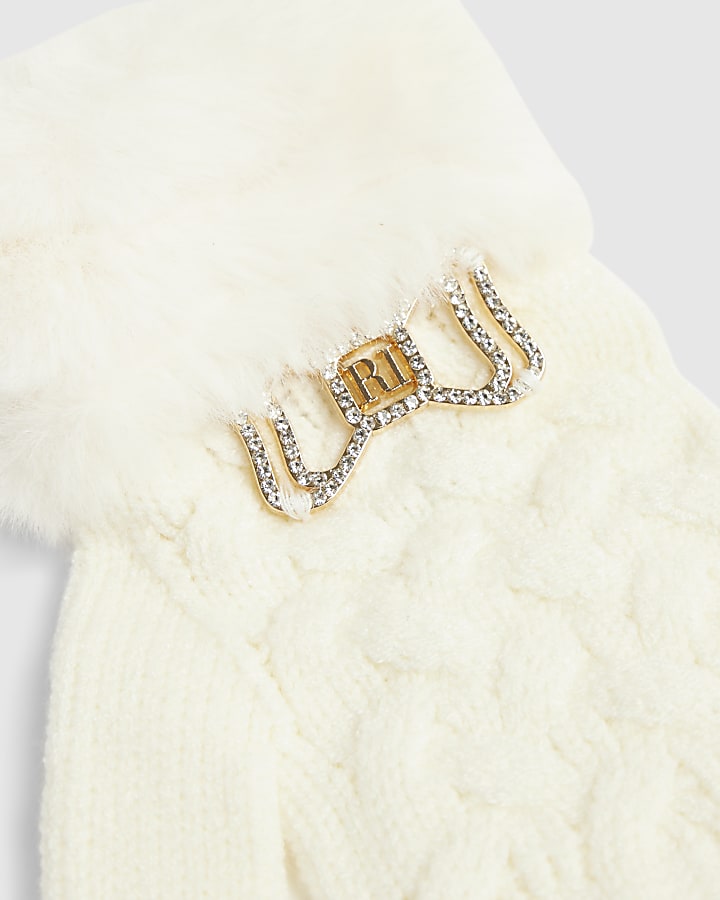 River Island Girls Cream Knitted Fur Bow Gloves