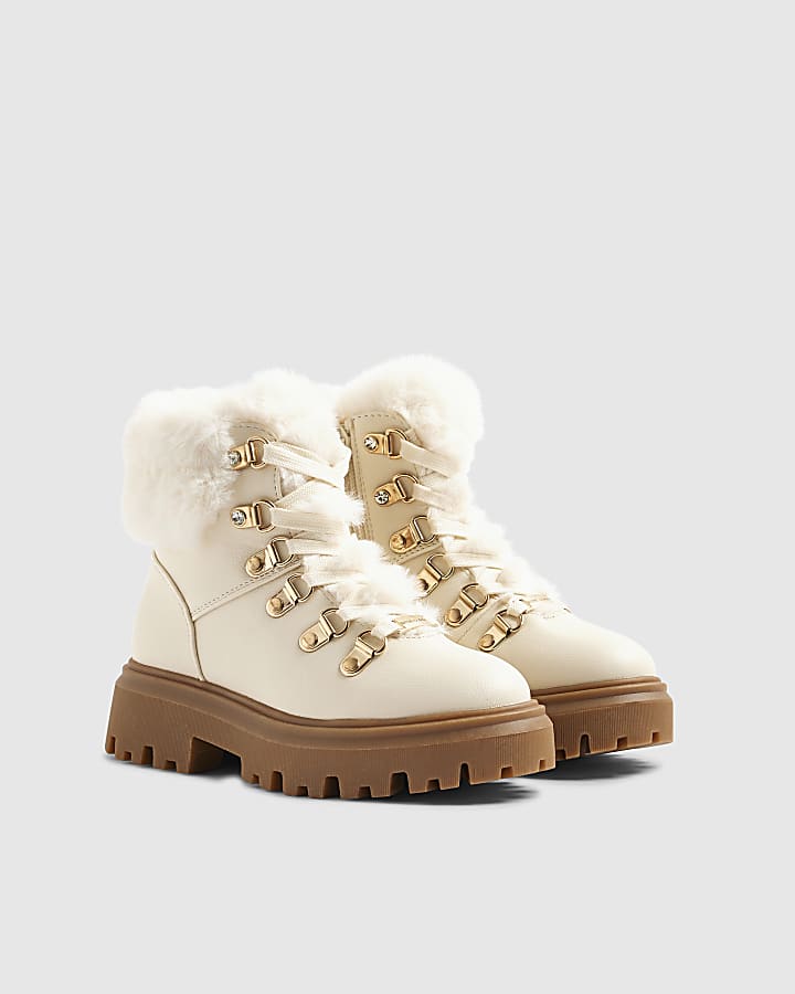 River Island Girls Cream Lace Up Hiker Boots