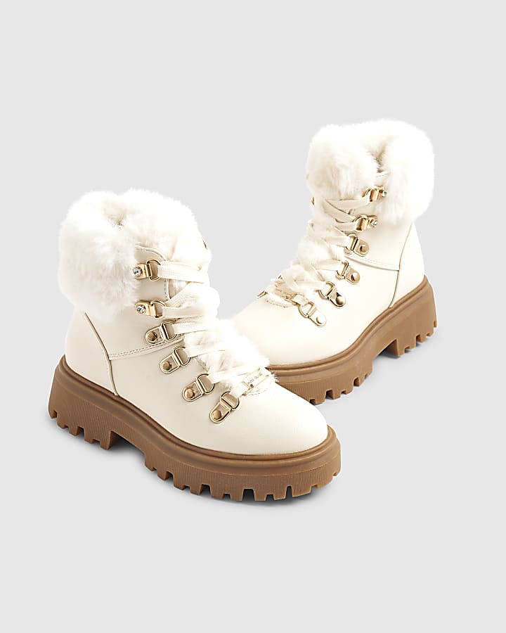 River Island Girls Cream Lace Up Hiker Boots