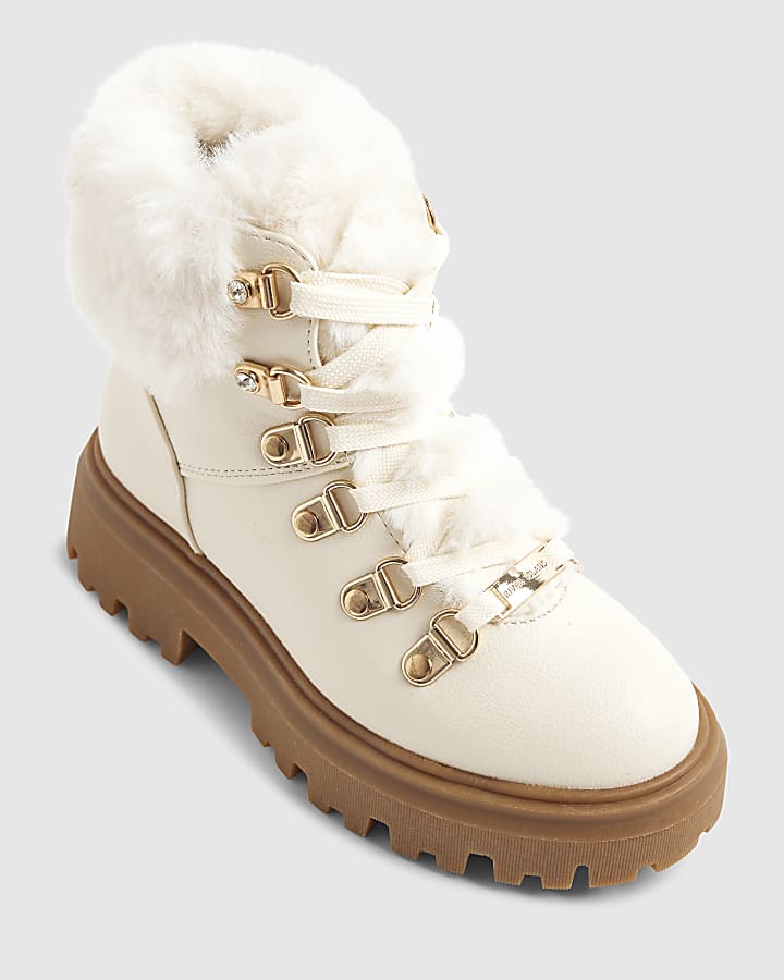 river island Girls Cream Lace Up Hiker Boots