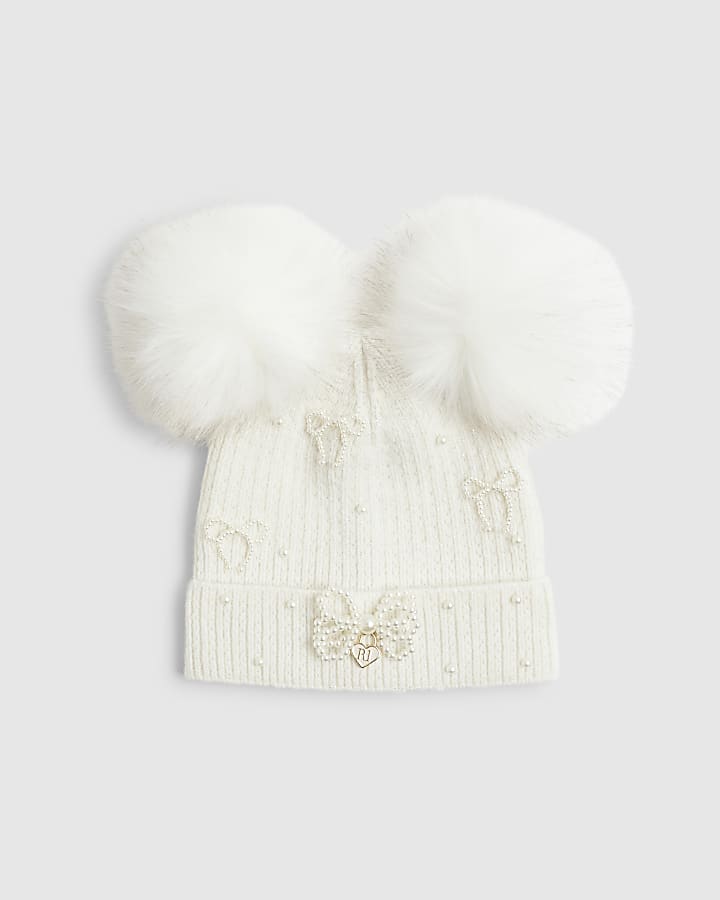 River Island Girls Cream Pearl Bow Beanie Hat