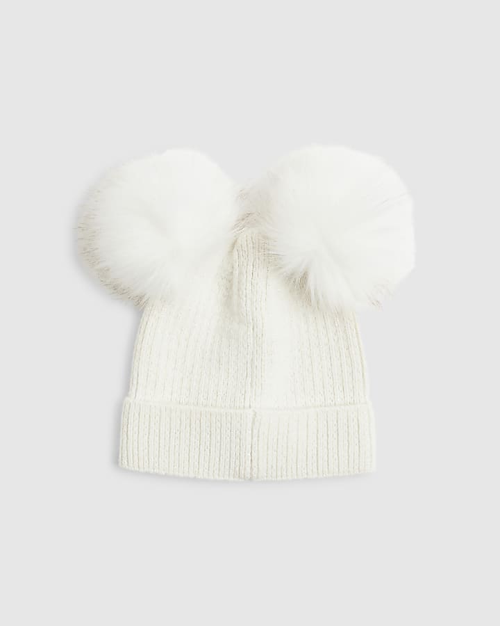 River Island Girls Cream Pearl Bow Beanie Hat