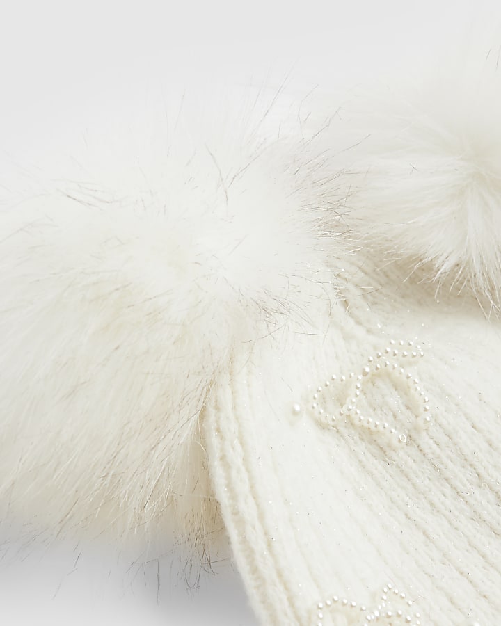 river island Girls Cream Pearl Bow Beanie Hat