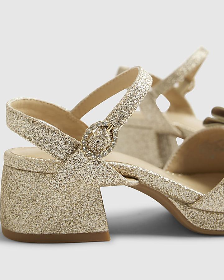 river island Girls Gold Glitter Bow Heeled Sandals