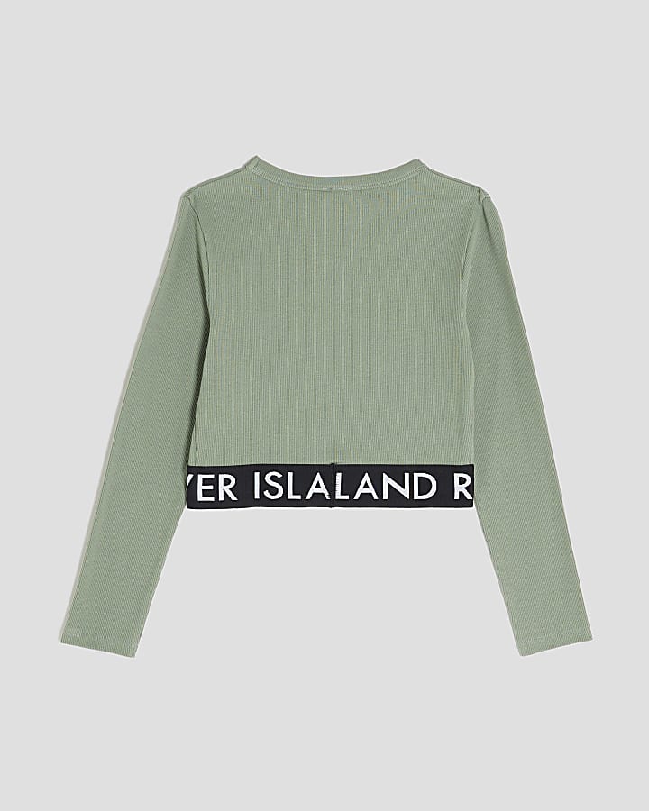River Island Girls Khaki Ribbed RI Long Sleeve Top