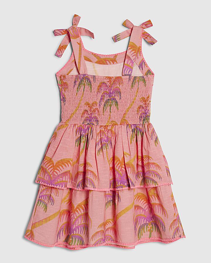 River Island Girls Orange Palm Print Bow Dress