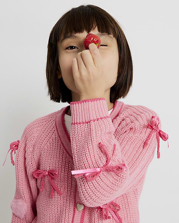 River Island Girls Pink 3D Heart And Bows Cardigan
