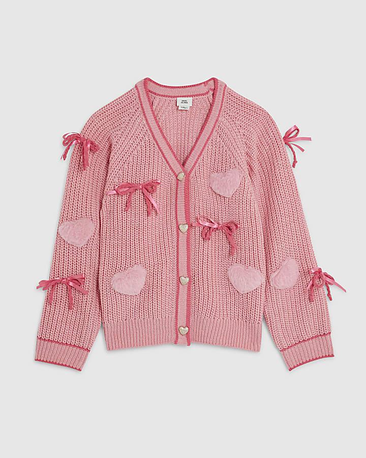 River Island Girls Pink 3D Heart And Bows Cardigan
