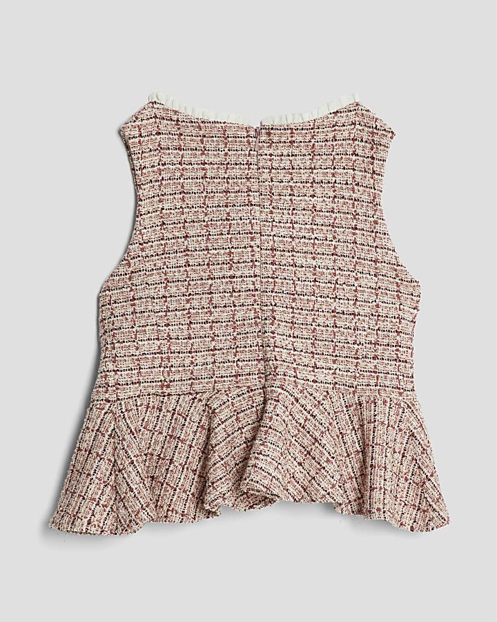 River Island Girls Pink Boucle Check Peplum Top