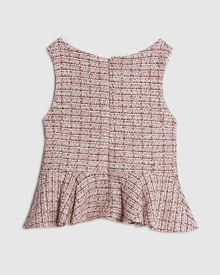 River Island Girls Pink Boucle Check Peplum Top