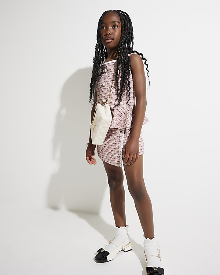 river island Girls Pink Boucle Check Peplum Top