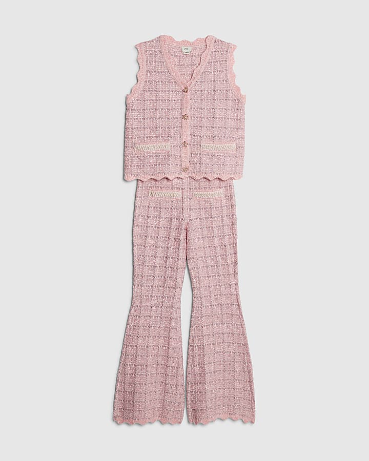 River Island Girls Pink Boucle Waistcoat Set