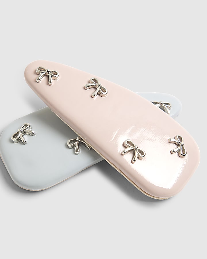 River Island Girls Pink Bow Faux Leather Hairclips