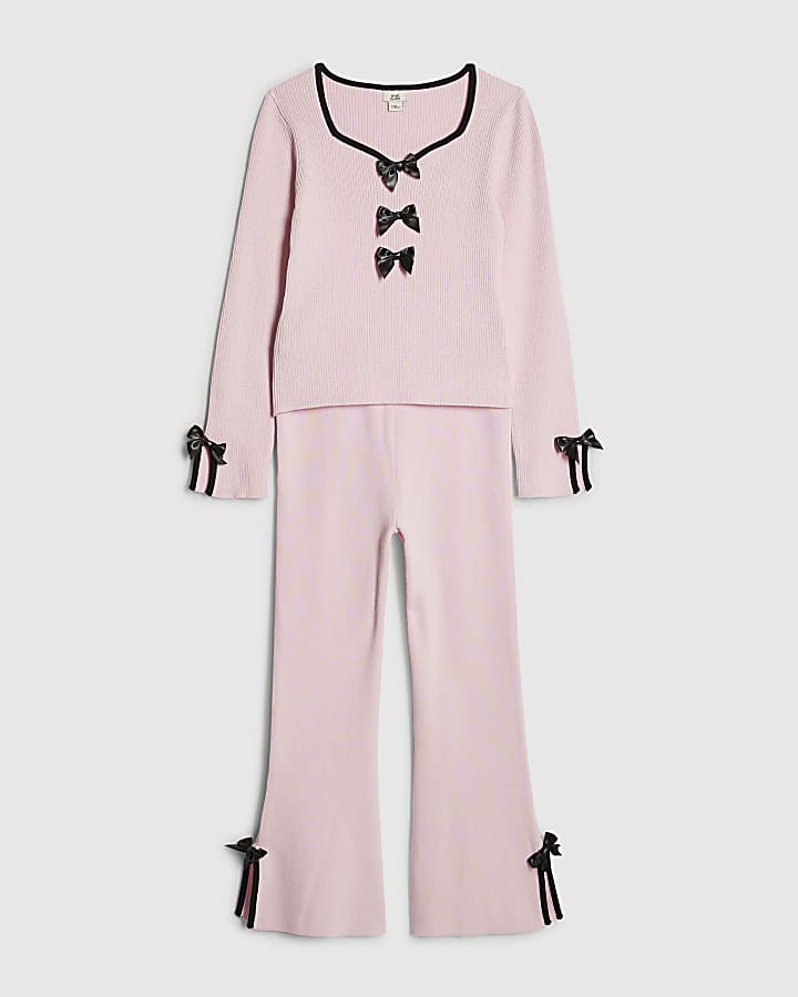 River Island Girls Pink Bow Top And Trousers Set