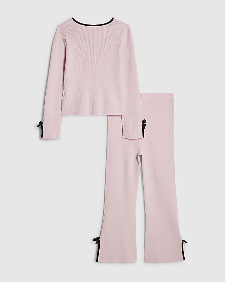 River Island Girls Pink Bow Top And Trousers Set