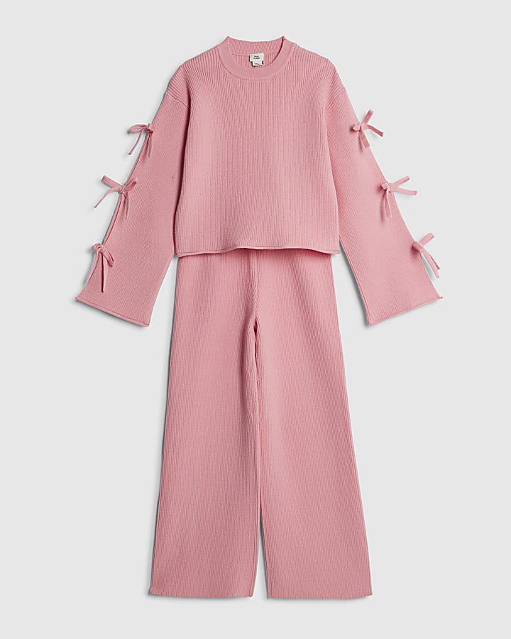 River Island Girls Pink Cut Out Bow Jumper Set