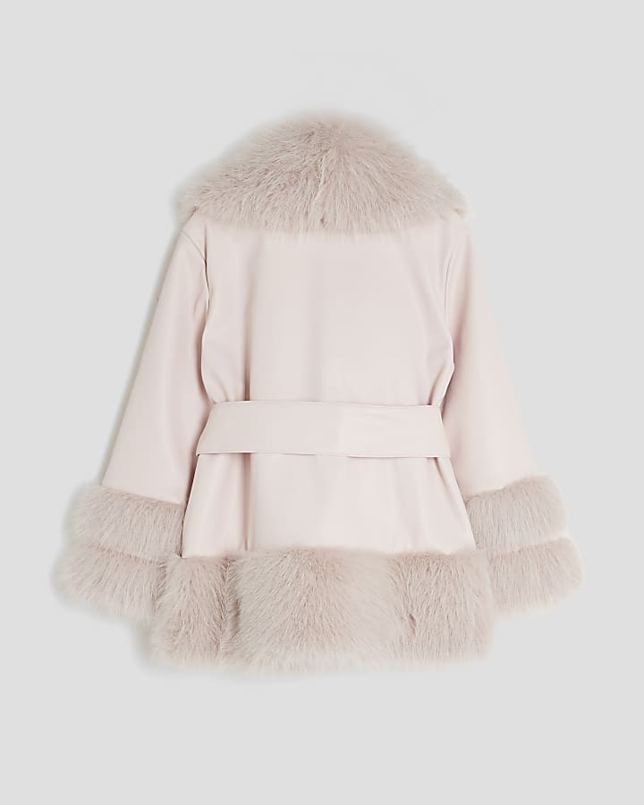 River Island Girls Pink Faux Fur Wrap Coat