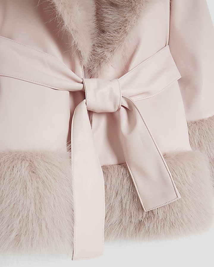 River Island Girls Pink Faux Fur Wrap Coat
