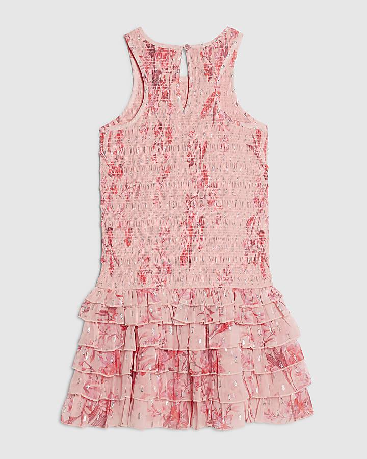 River Island Girls Pink Floral Chiffon Hem Dress
