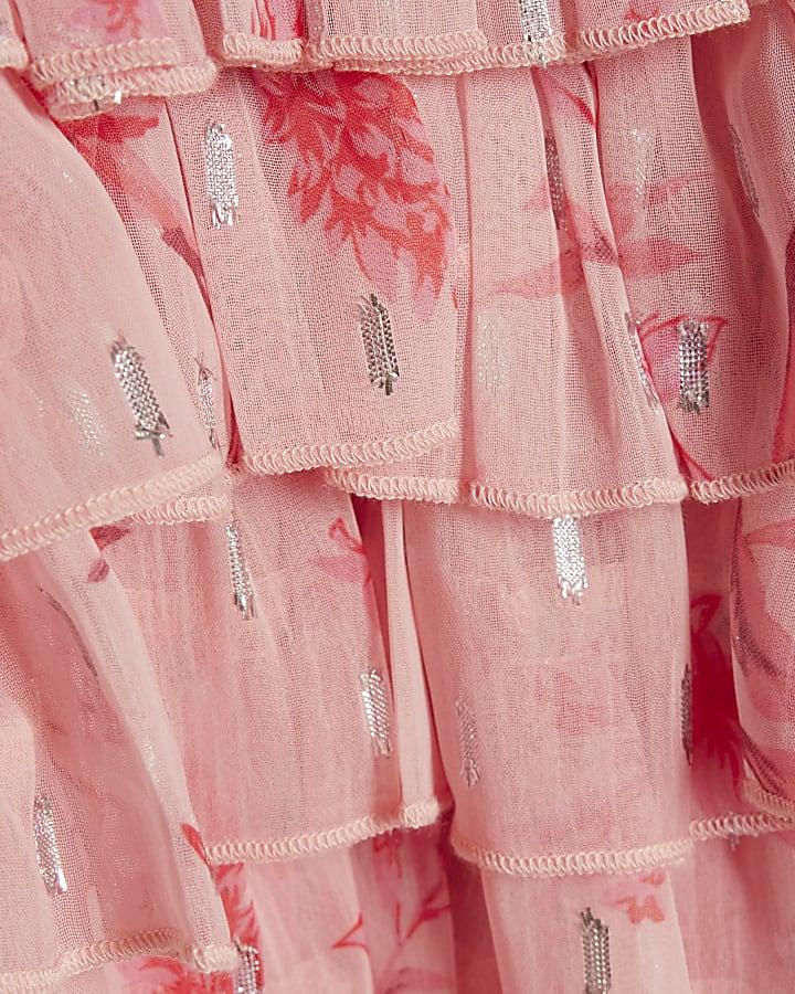 river island Girls Pink Floral Chiffon Hem Dress