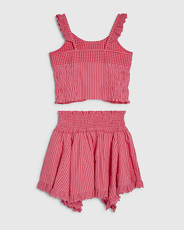 River Island Girls Pink Gingham Stripe Skirt Set
