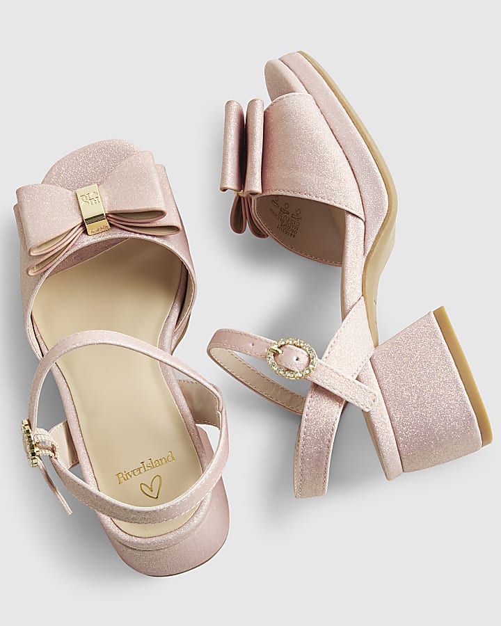 river island Girls Pink Glitter Bow Heeled Sandals