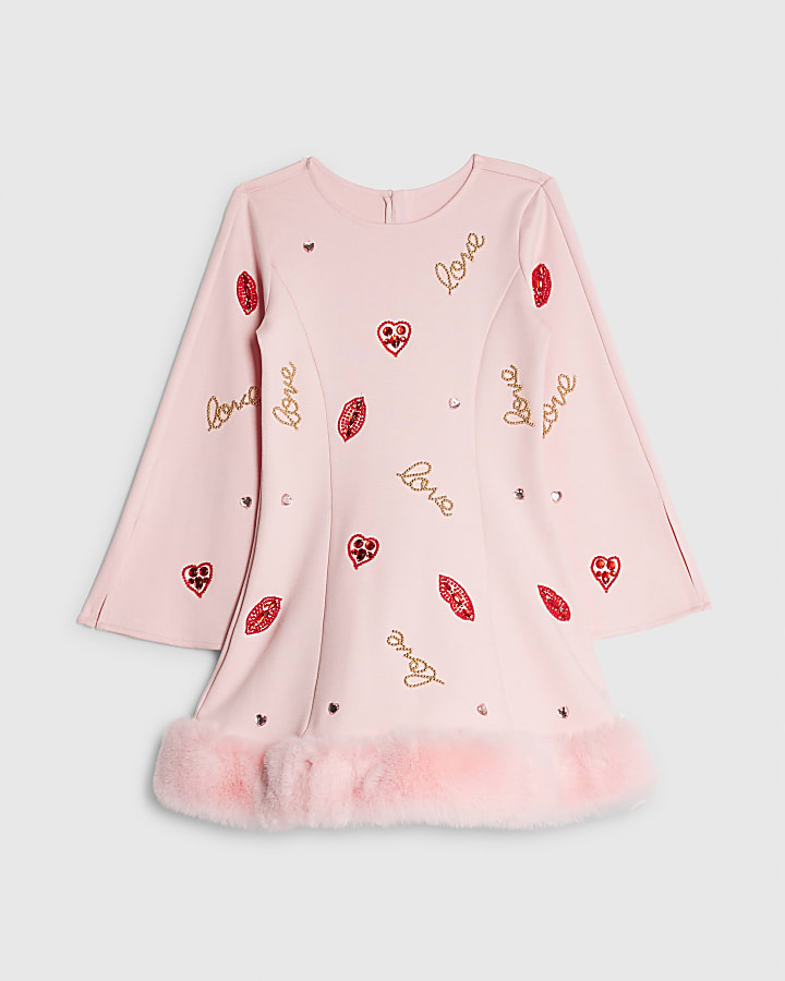 River Island Girls Pink Lips Faux Fur Hem Dress