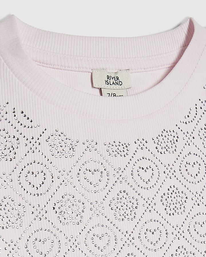 River Island Girls Pink RI Diamante T-Shirt
