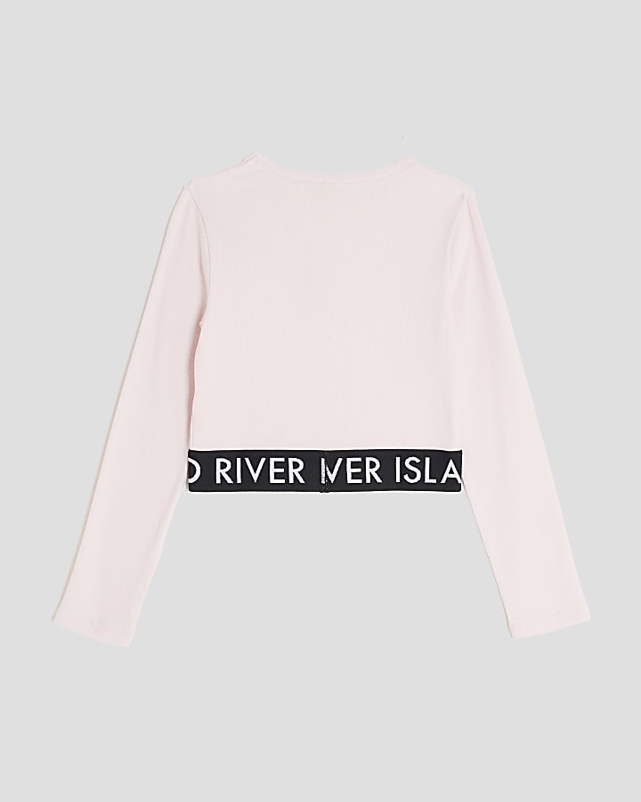 River Island Girls Pink Ribbed RI Long Sleeve Top