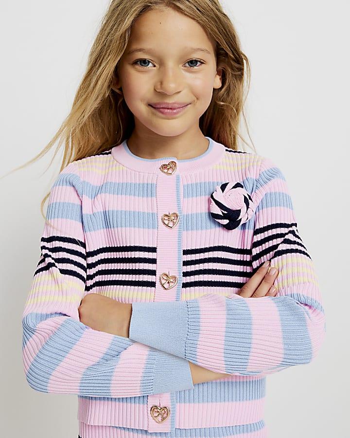 River Island Girls Pink Stripe Cardigan Set