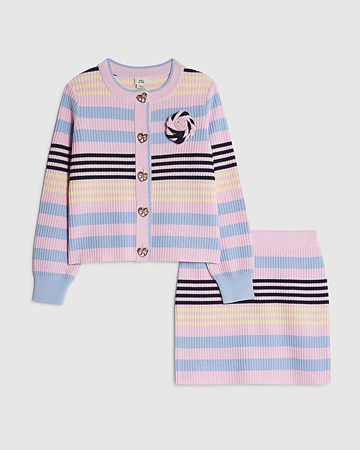 River Island Girls Pink Stripe Cardigan Set