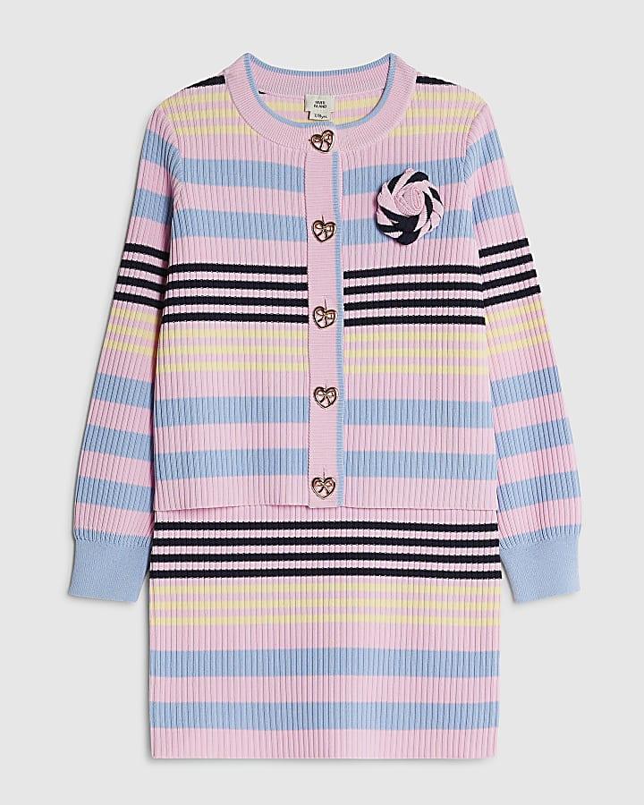 River Island Girls Pink Stripe Cardigan Set