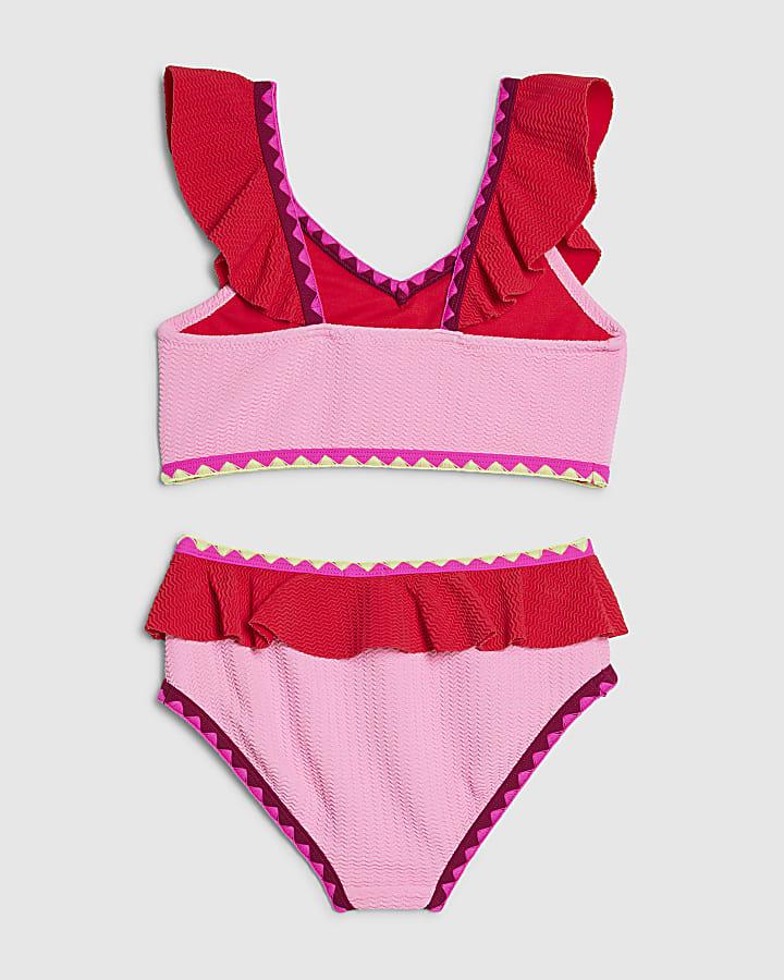 River Island Girls Pink Textured Frill Bikini Set