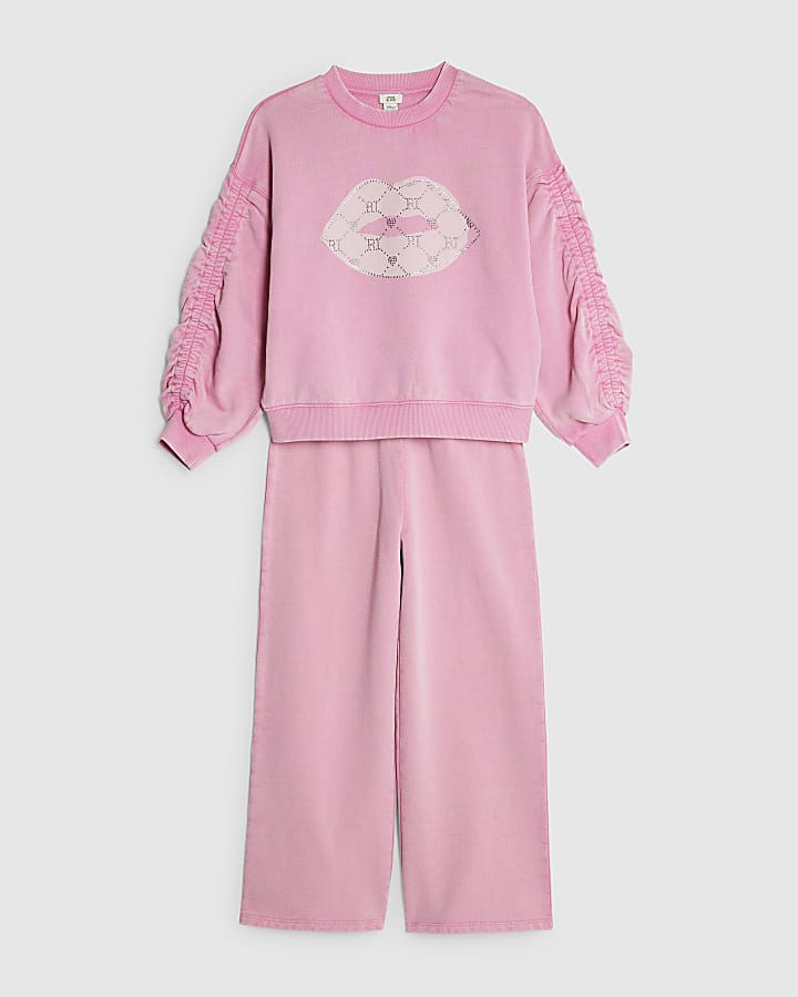 River Island Girls Pink Washed Lips Sweatshirt Set