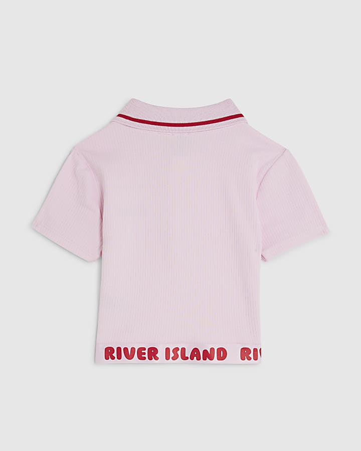 River Island Girls Pink Zip Paris Polo Shirt