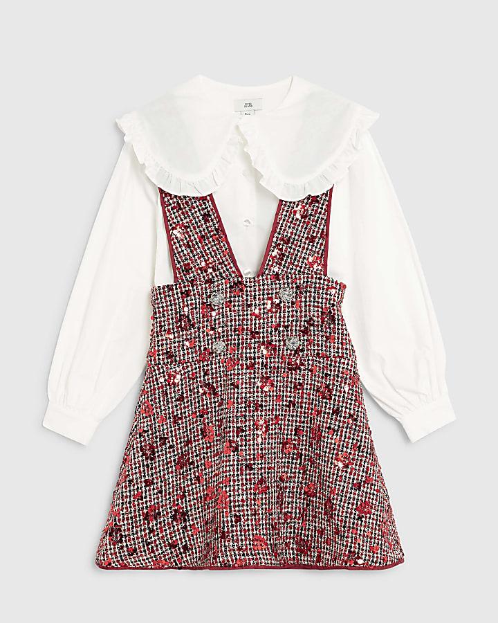River Island Girls Red Boucle Pinafore Shirt Dress