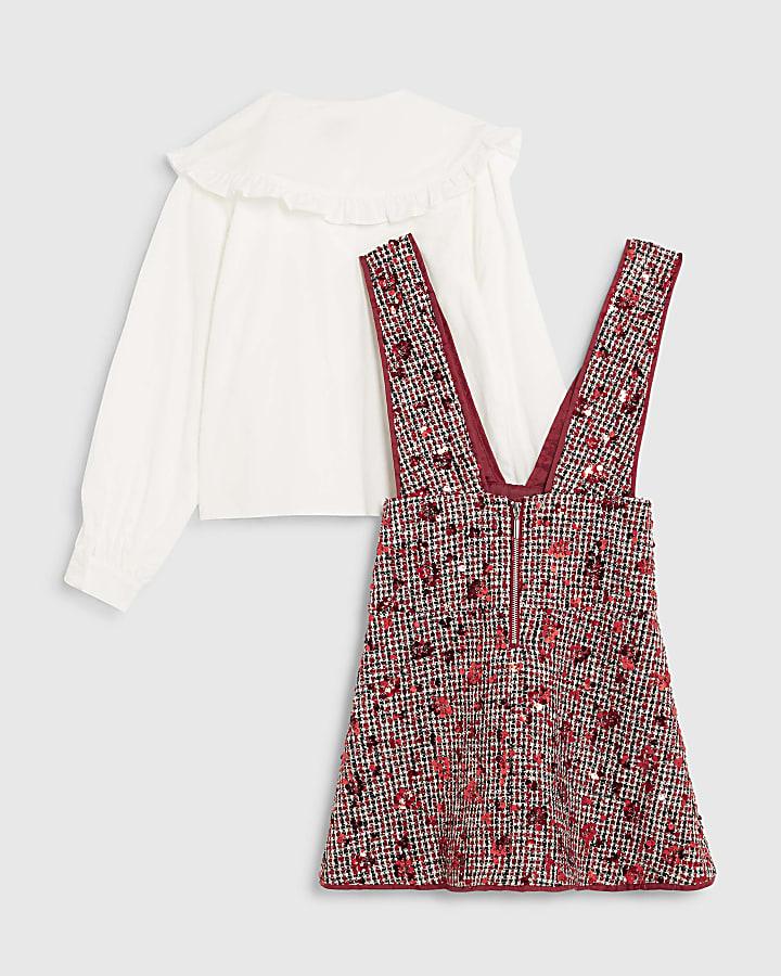 River Island Girls Red Boucle Pinafore Shirt Dress
