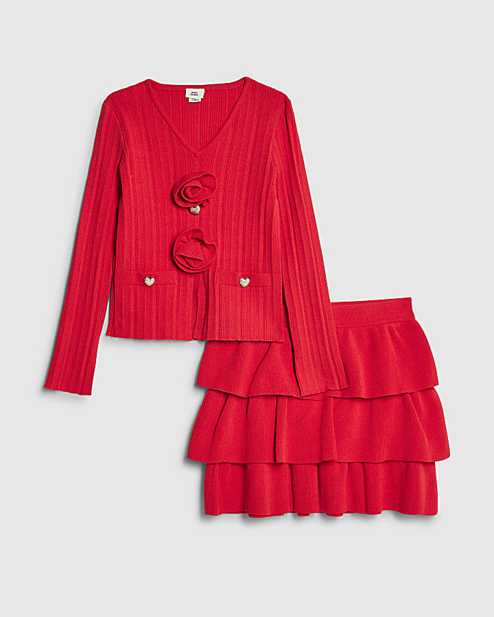 River Island Girls Red Corsage Cardigan Set