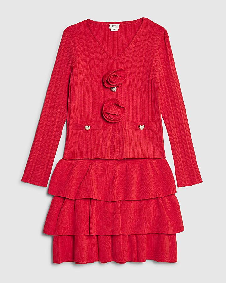 River Island Girls Red Corsage Cardigan Set