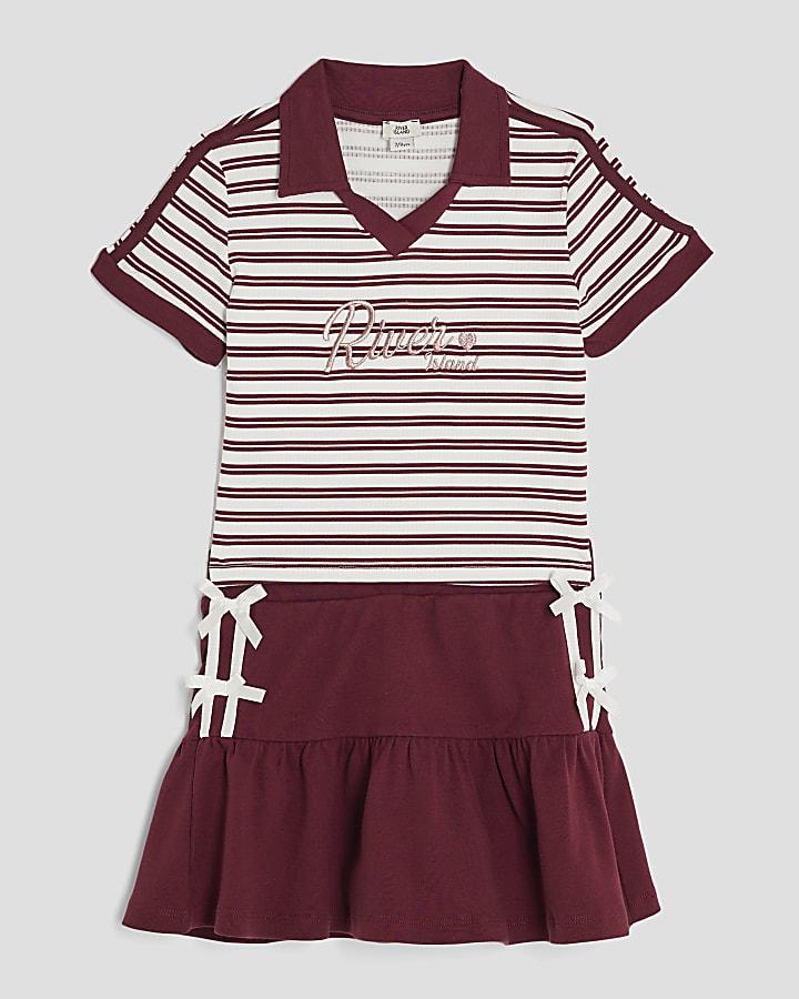 River Island Girls Red Stripe Polo And Skirt Set