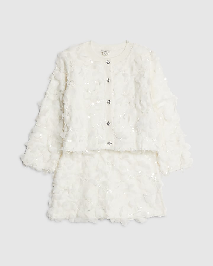 River Island Girls White 3D Floral Skirt Set