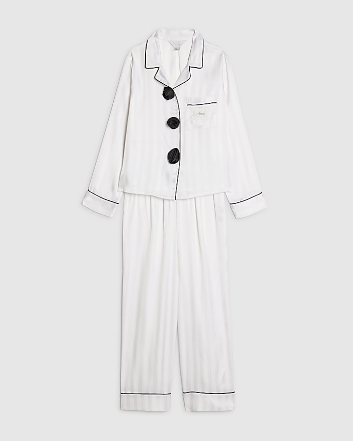 River Island Girls White Corsage Satin Pyjamas Set