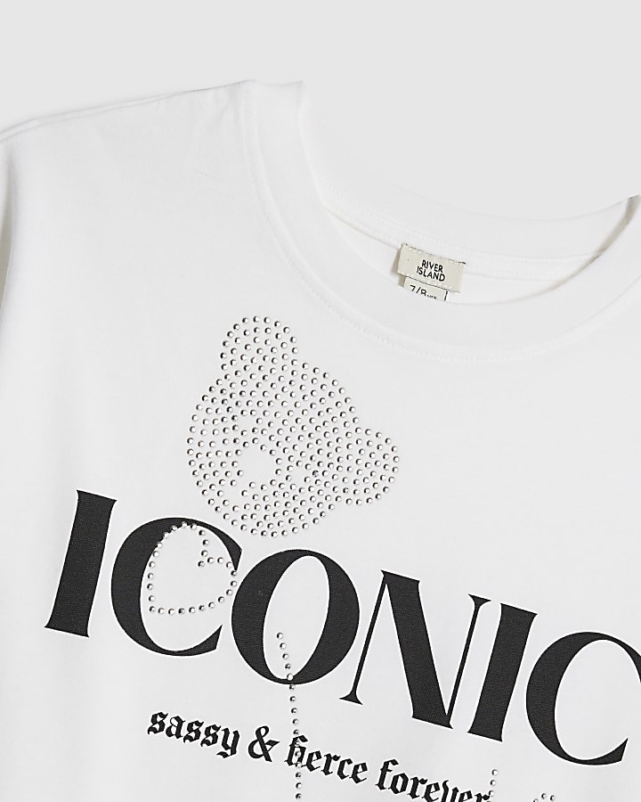 river island Girls White Diamante Hotfix T-Shirt
