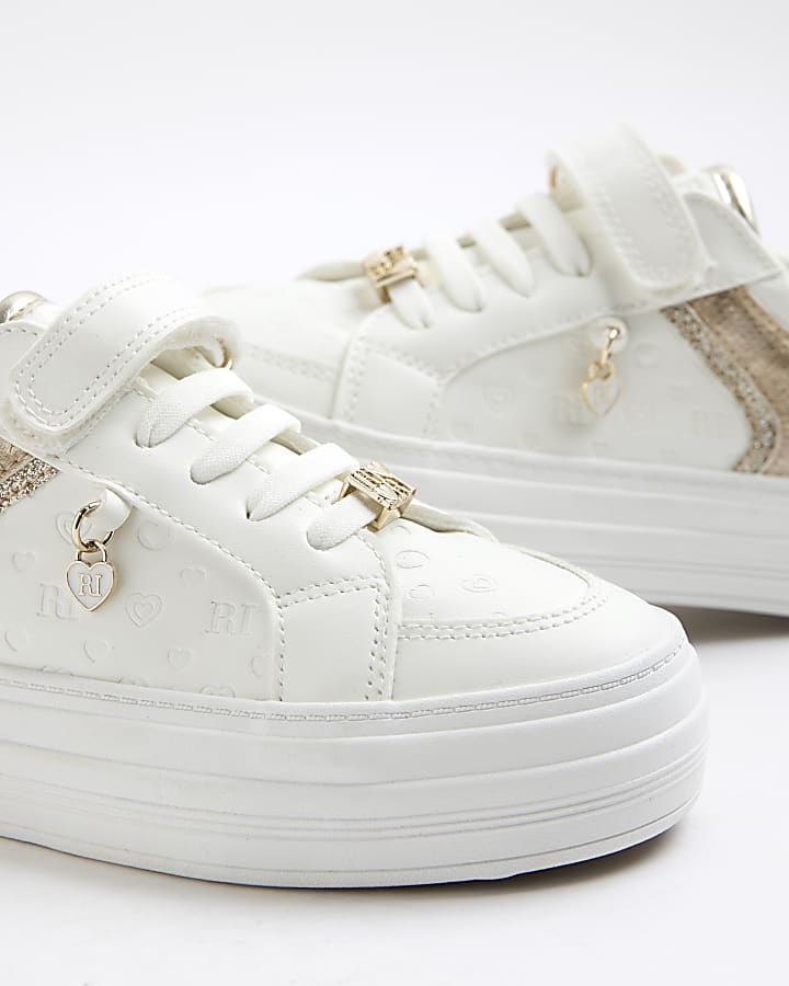 River Island Girls White Heart Embossed Trainers