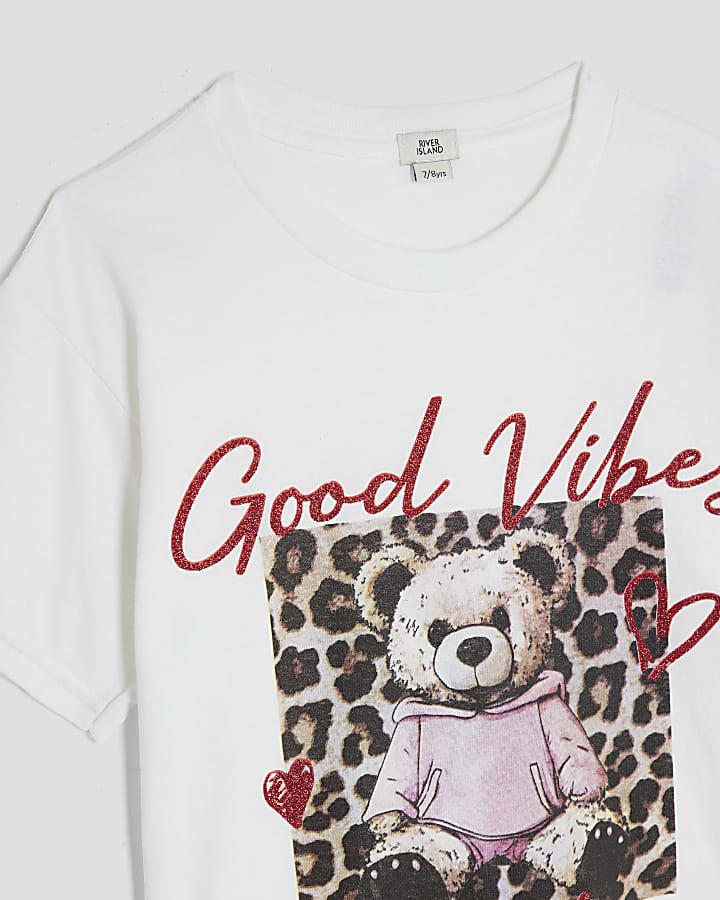 River Island Girls White Leopard Bear T-shirt