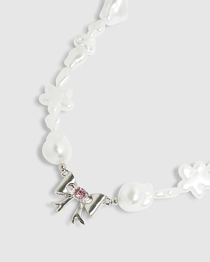 River Island Girls White Pearl And Bow Necklace