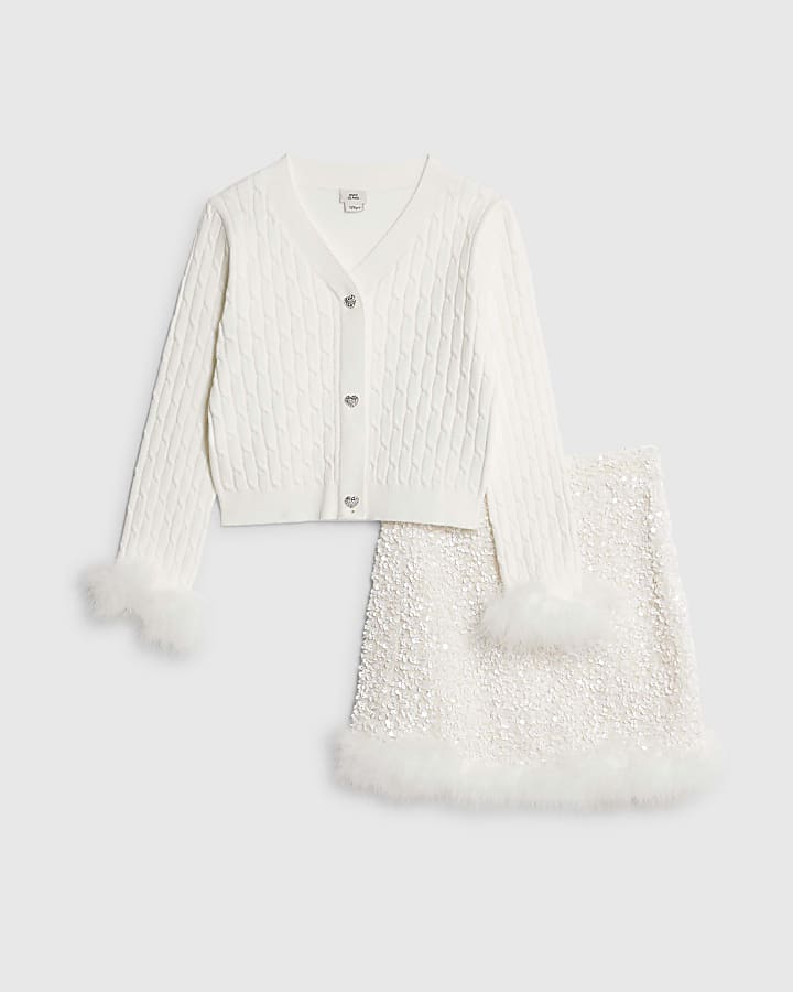 River Island Girls White Sequin Feather Skirt Set