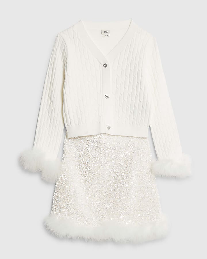 River Island Girls White Sequin Feather Skirt Set