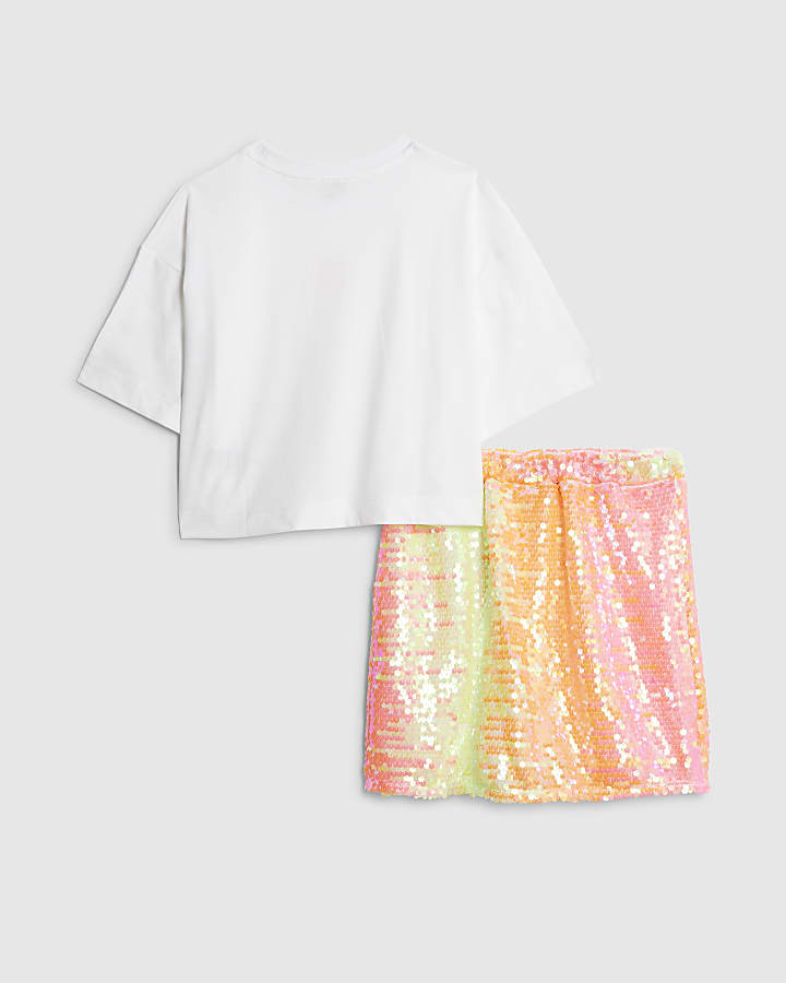 River Island Girls White Sequin Skirt Set